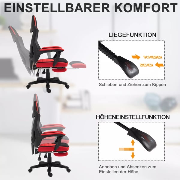 Vinsetto Ergonomisk Kontorstol med Benstøtte, Højdejusterbar, Sort/Rød Polyester Mesh