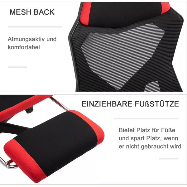 Vinsetto Ergonomisk Kontorstol med Benstøtte, Højdejusterbar, Sort/Rød Polyester Mesh