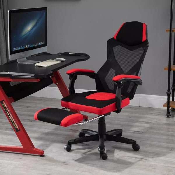 Vinsetto Ergonomisk Kontorstol med Benstøtte, Højdejusterbar, Sort/Rød Polyester Mesh