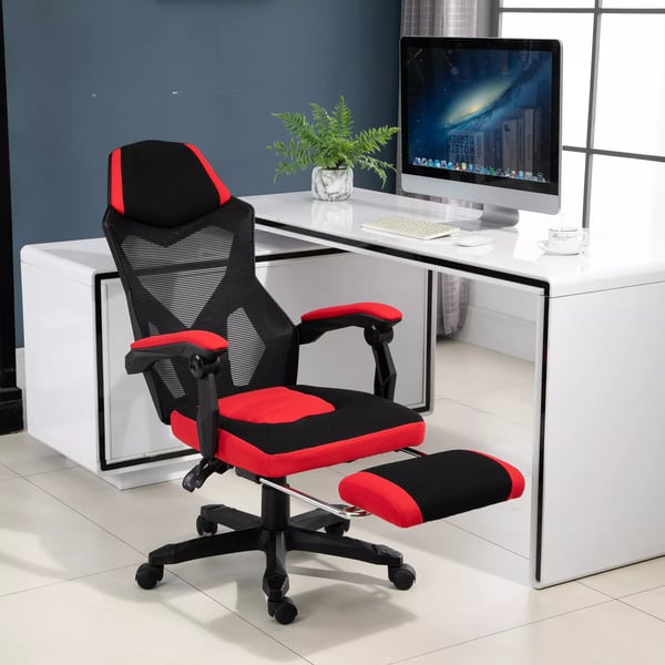 Vinsetto Ergonomisk Kontorstol med Benstøtte, Højdejusterbar, Sort/Rød Polyester Mesh