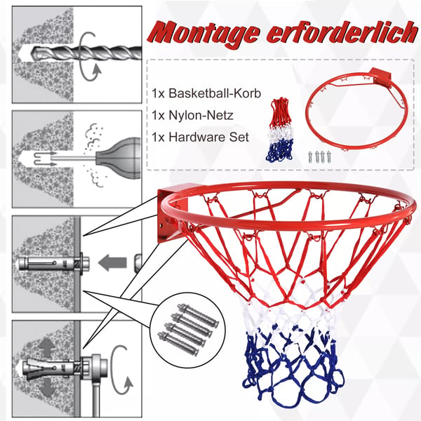 HOMCOM Basketballkurv med net, Stålrør+Nylon, Rød + Blå + Hvid, Ø46 cm