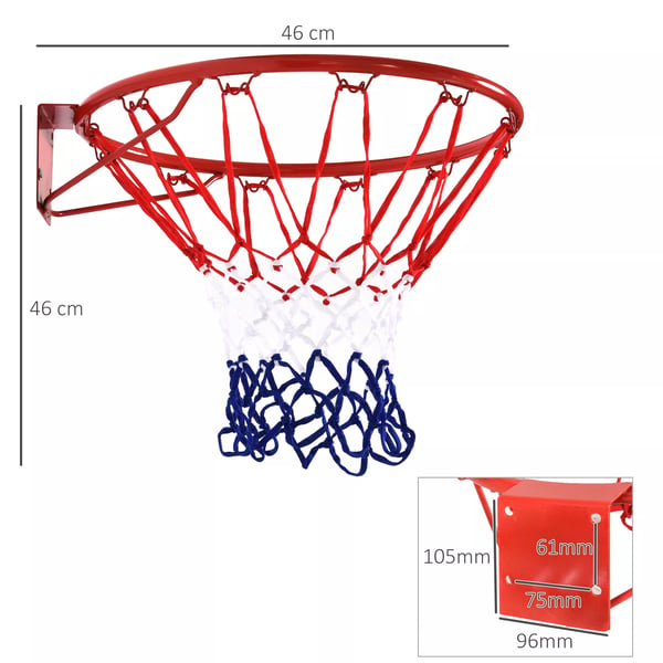 HOMCOM Basketballkurv med net, Stålrør+Nylon, Rød + Blå + Hvid, Ø46 cm