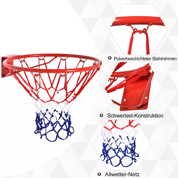 HOMCOM Basketballkurv med net, Stålrør+Nylon, Rød + Blå + Hvid, Ø46 cm