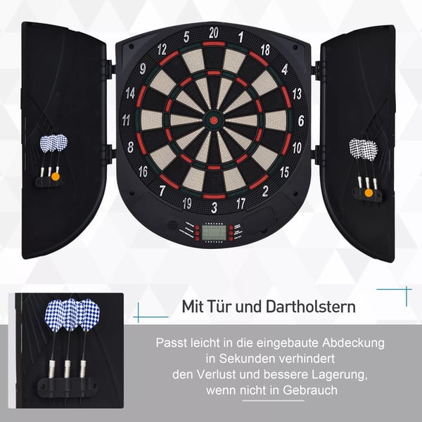HOMCOM elektronisk dartskive med døre, lydeffekter, automatisk scoring, 6 pile, 26 spil, 185 spilvariationer, til 8 spillere