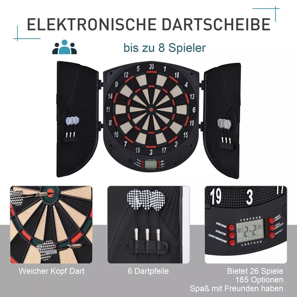 HOMCOM elektronisk dartskive med døre, lydeffekter, automatisk scoring, 6 pile, 26 spil, 185 spilvariationer, til 8 spillere