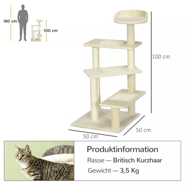 PawHut Kradsetræ til katte - Beige Polywood og Sisal - 50x50x100 cm