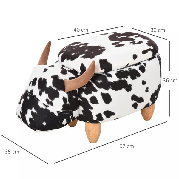 HOMCOM Opbevaringspuf Ko Dyr, Dekorativ Puf med Opbevaring, Stof, Gummitræ, Sort/Hvid/Natur, 62x35x36cm