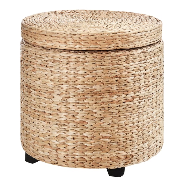 Ottoman med opbevaring Fodskammel med opbevaringsboks, aftageligt låg, stråflet rattan, khaki, Ø43x43cm