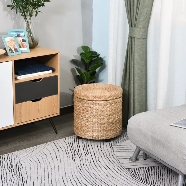 Ottoman med opbevaring Fodskammel med opbevaringsboks, aftageligt låg, stråflet rattan, khaki, Ø43x43cm