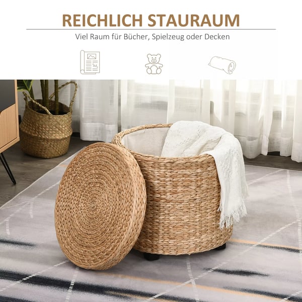 Ottoman med opbevaring Fodskammel med opbevaringsboks, aftageligt låg, stråflet rattan, khaki, Ø43x43cm