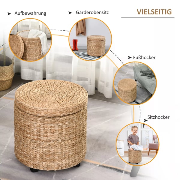 Ottoman med opbevaring Fodskammel med opbevaringsboks, aftageligt låg, stråflet rattan, khaki, Ø43x43cm