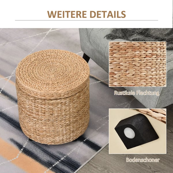 Ottoman med opbevaring Fodskammel med opbevaringsboks, aftageligt låg, stråflet rattan, khaki, Ø43x43cm
