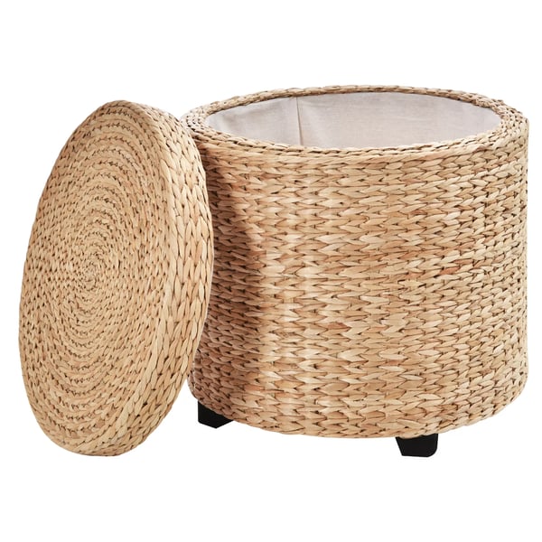 Ottoman med opbevaring Fodskammel med opbevaringsboks, aftageligt låg, stråflet rattan, khaki, Ø43x43cm