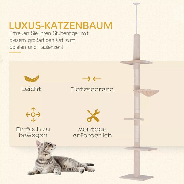 PawHut Loftkradsetre i Beige - Hhjdejusterbart Katte Klatretre med Sisal til Indendrsbrug, 40x34x230-260cm