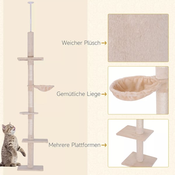 PawHut Loftkradsetre i Beige - Hhjdejusterbart Katte Klatretre med Sisal til Indendrsbrug, 40x34x230-260cm