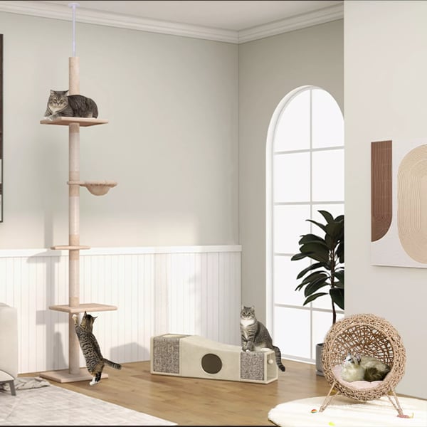 PawHut Loftkradsetre i Beige - Hhjdejusterbart Katte Klatretre med Sisal til Indendrsbrug, 40x34x230-260cm
