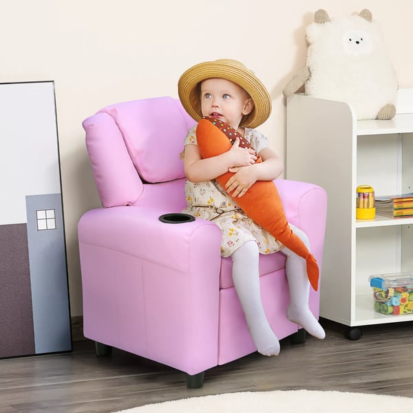 HOMCOM børnesofa med liggefunktion, børnestol, 3-6 år, rosa, kopholder, 62x56x69 cm