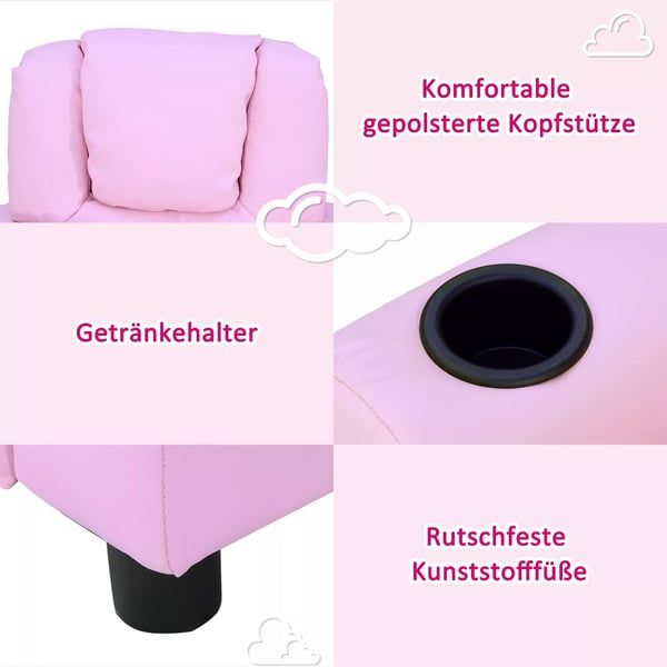 HOMCOM børnesofa med liggefunktion, børnestol, 3-6 år, rosa, kopholder, 62x56x69 cm