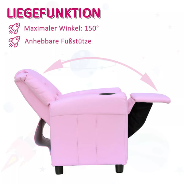 HOMCOM børnesofa med liggefunktion, børnestol, 3-6 år, rosa, kopholder, 62x56x69 cm