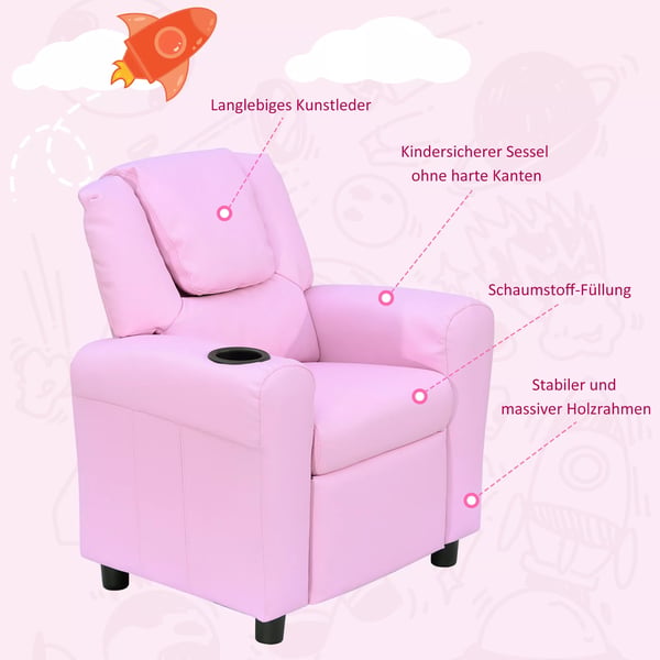 HOMCOM børnesofa med liggefunktion, børnestol, 3-6 år, rosa, kopholder, 62x56x69 cm