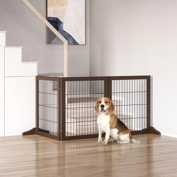 PawHut Hundegitter i Fyrretræ - Fritstående, Brun - 185x36x71cm