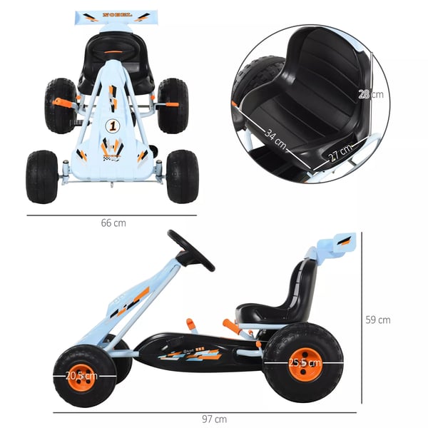 HOMCOM Gokart med pedal-drevet, stålkonstruktion, justerbart sæde, til børn 3-6 år, lyseblå