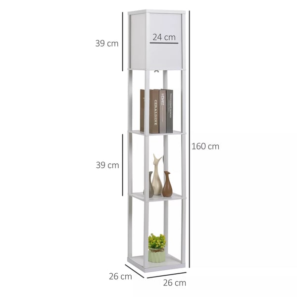 HOMCOM Reol Gulvlampe med 3 Hylder, Hvid, MDF & Akryl, 26x26x160cm