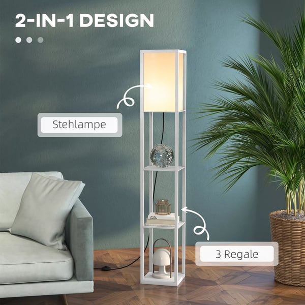 HOMCOM Reol Gulvlampe med 3 Hylder, Hvid, MDF & Akryl, 26x26x160cm
