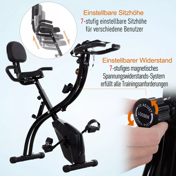 HOMCOM Motionscykel - 2-i-1 Foldbar Træningscykel med Magnetisk Modstand og Træningselastikker - Stålramme, Sort