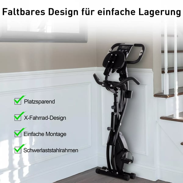 HOMCOM Motionscykel - 2-i-1 Foldbar Træningscykel med Magnetisk Modstand og Træningselastikker - Stålramme, Sort