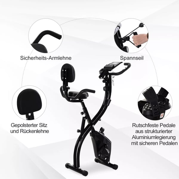 HOMCOM Motionscykel - 2-i-1 Foldbar Træningscykel med Magnetisk Modstand og Træningselastikker - Stålramme, Sort
