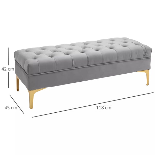 Sidde-/sengebænk, fløjlsbetrukket, lysegrå/guld, 118x45x42cm - Luksuriøs sofabænk med metalben