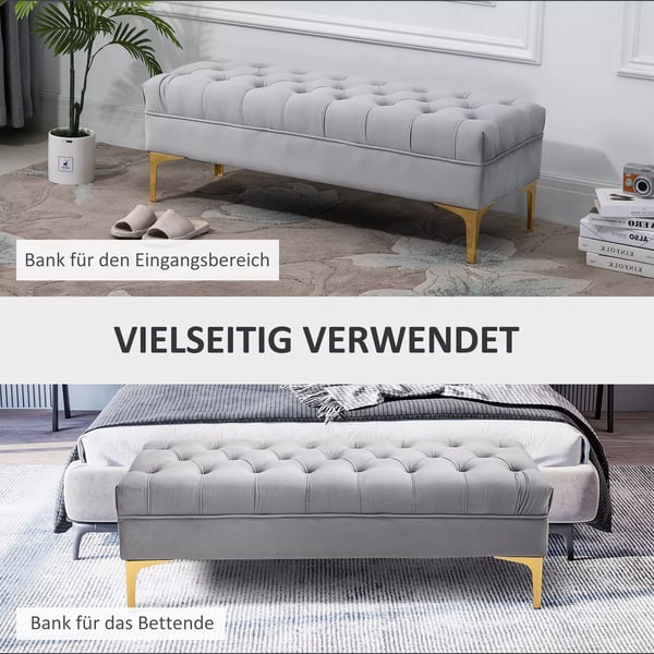 Sidde-/sengebænk, fløjlsbetrukket, lysegrå/guld, 118x45x42cm - Luksuriøs sofabænk med metalben