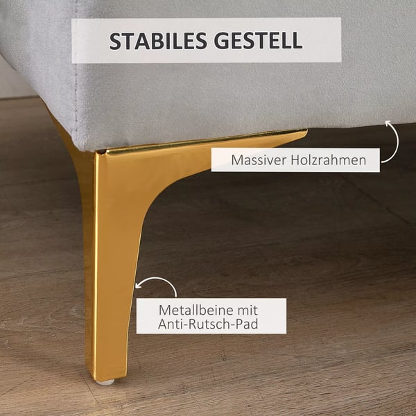 Sidde-/sengebænk, fløjlsbetrukket, lysegrå/guld, 118x45x42cm - Luksuriøs sofabænk med metalben