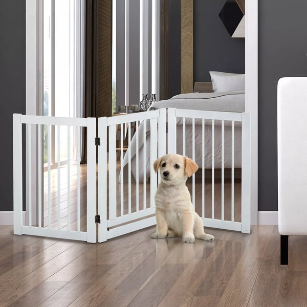 PawHut Hundegitter i træ, fritstående sikkerhedsgitter til hunde, justerbart, foldbart, hvid, 155x1,5x76 cm