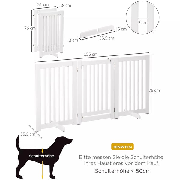 PawHut Hundegitter i træ, fritstående sikkerhedsgitter til hunde, justerbart, foldbart, hvid, 155x1,5x76 cm
