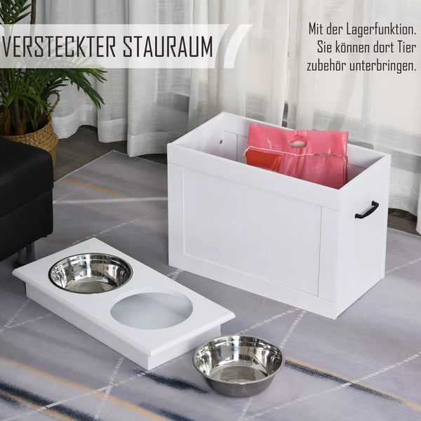 PawHut hundefoderskål med opbevaring, 2 rustfrie stålskåle, foderstation, hvid, 60x30x41cm
