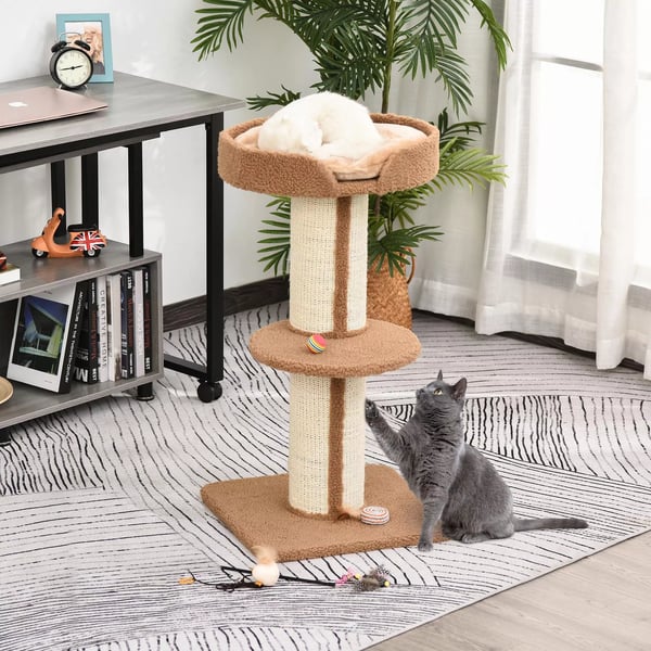 PawHut Kradsetræ til Katte - Lysebrun Polyester, Sisal & Plys Aktivitetscenter 45x45x91cm