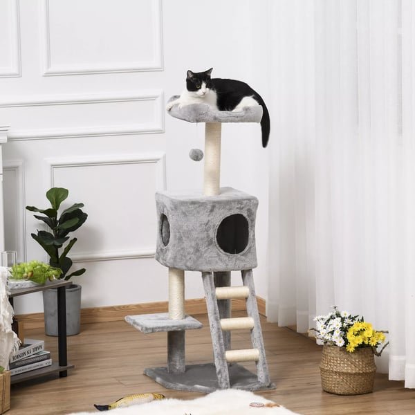 PawHut Kradsetre Flerlags med Kattehule, Stige og Bold - Lysegre, Sisal, 60x48x122cm