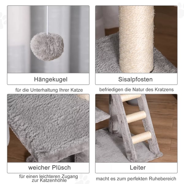 PawHut Kradsetre Flerlags med Kattehule, Stige og Bold - Lysegre, Sisal, 60x48x122cm