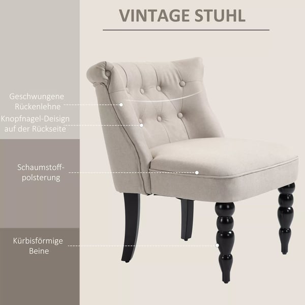 HOMCOM Vintage-lepotuoli, rentoutumistuoli, verhoiltu tuoli, ruokapöydäntuoli, pellavapäällinen, puurunko, beige+musta, 67 x 67 x 78 cm