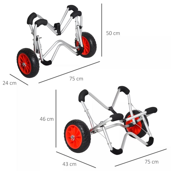 HOMCOM kajakvogn, alu-bådvogn, foldbar, transportvogn med PU-hjul, sølv, op til 75 kg, 75x43x46 cm