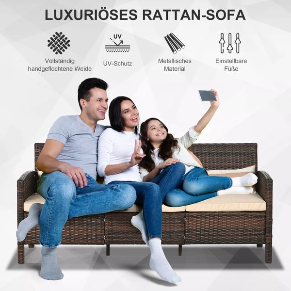 Rattan have-loungesofa, 3-personers med hynder, stål, brun, 173 x 68 x 78 cm