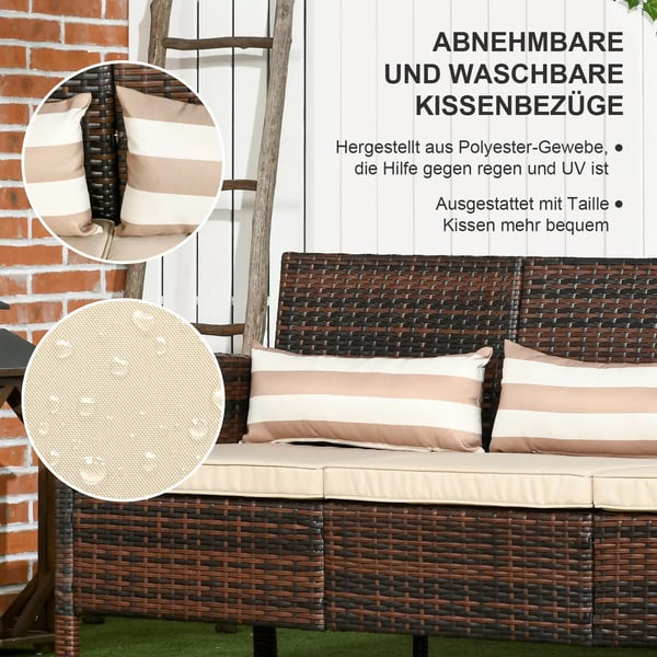 Rattan have-loungesofa, 3-personers med hynder, stål, brun, 173 x 68 x 78 cm