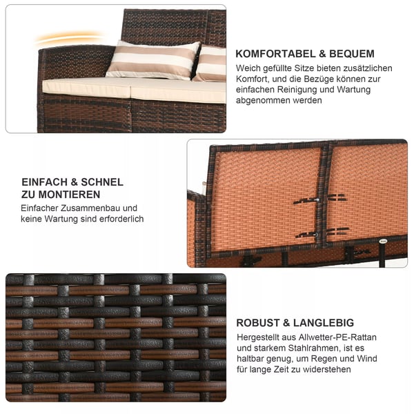 Rattan have-loungesofa, 3-personers med hynder, stål, brun, 173 x 68 x 78 cm