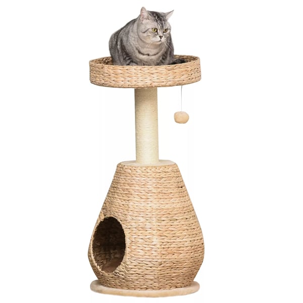 PawHut Kissan raapimispuu luolalla ja pallolelulla, Sisal, Keltainen, 82.5 cm