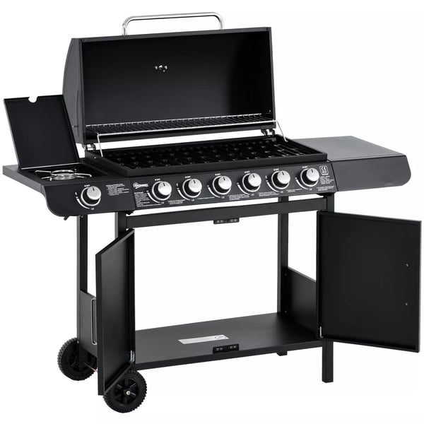 Outsunny Gasolgrill med 6 brännare, sidobrännare, skåp, metall, svart, 135x50x100cm