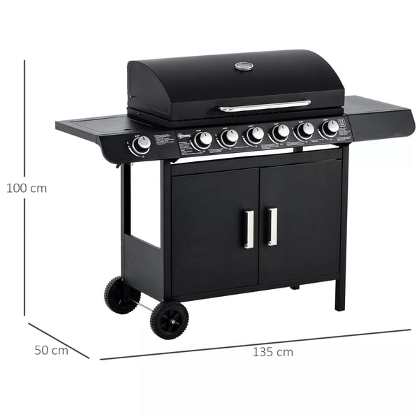 Outsunny Gasgrill BBQ med 6 brændere, sidebrænder, skab, metal, sort