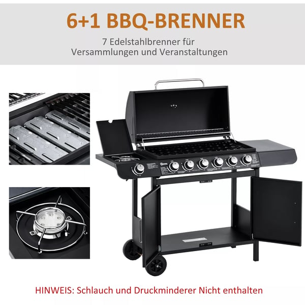 Outsunny Gasgrill BBQ med 6 brændere, sidebrænder, skab, metal, sort