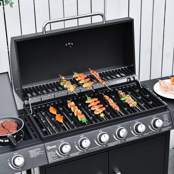 Outsunny Gasgrill BBQ med 6 brændere, sidebrænder, skab, metal, sort